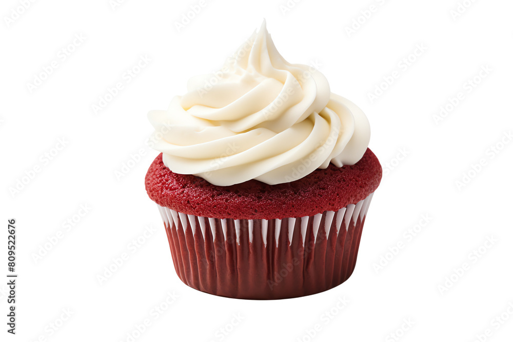 Decadent red velvet cupcake with creamy vanilla frosting, transparent background Decadent red velvet cupcake with creamy vanilla frosting, transparent background