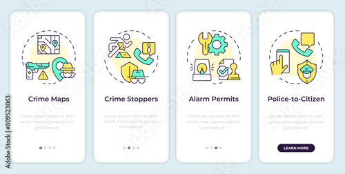 Crime prevention tools onboarding mobile app screen. Walkthrough 4 steps editable graphic instructions with linear concepts. UI, UX, GUI template. Montserrat SemiBold, Regular fonts used