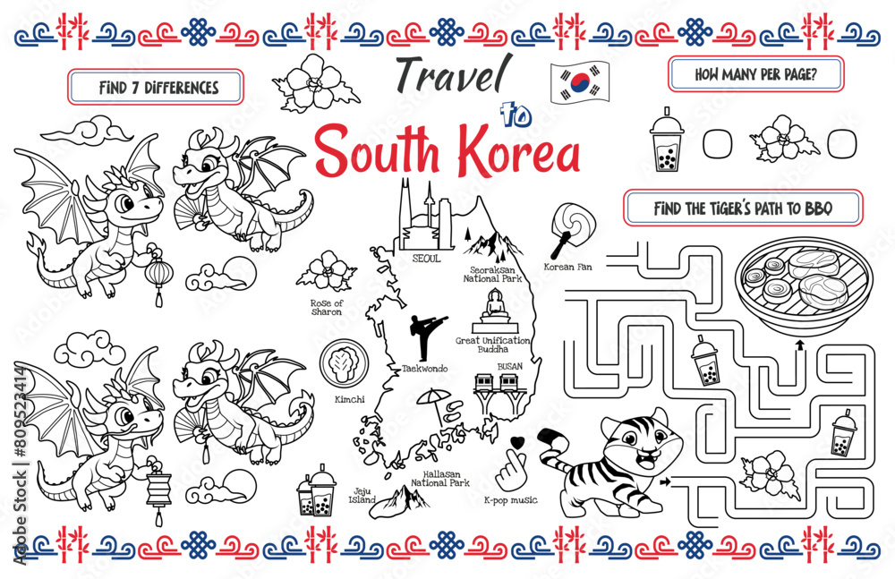 A fun placemat for kids. Printable “Travel to South Korea” activity sheet with a labyrinth and find the differences. 17x11 inch printable vector file