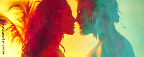A couple kissing in a colorful background