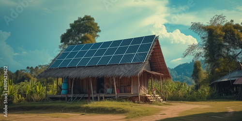 Solar panels in remote village area. rural electrification provide electricity in impoverished areas