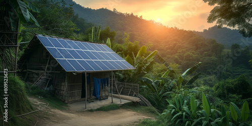 Solar panels in remote village area. rural electrification provide electricity in impoverished areas