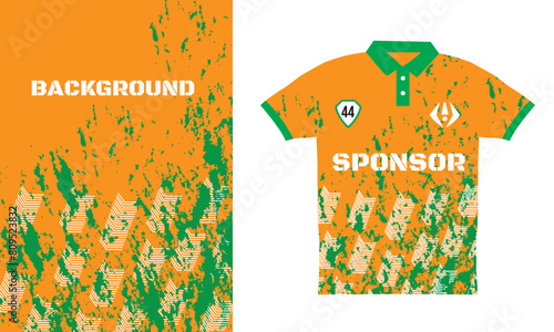 Orange and green Sublimation soccer basketball racing tournament jersey t shirt striking grunge brush effect sports jersey abstract pattern texture garments jersey mockup