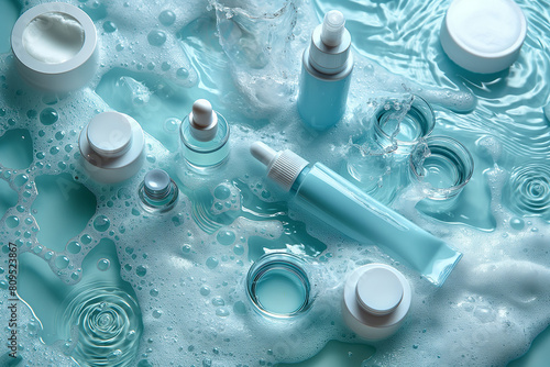A collection of beauty products are floating in a bathtub filled with bubbles