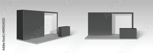 Black display booth for trade show exhibit mockup. 3d exhibition furniture isolated room template set. Business event indoor corner render with table and sale panel mock up. Empty kiosk or store spot
