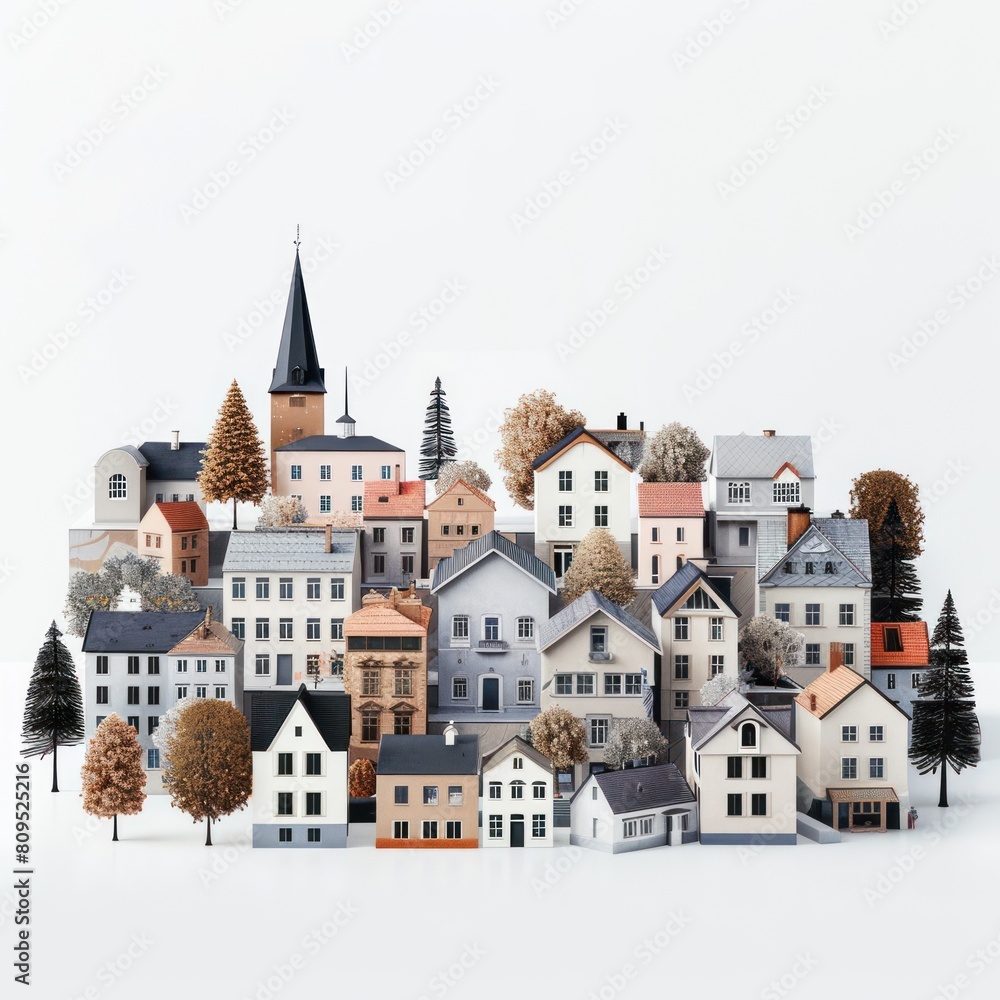 A miniature town with various-sized houses, trees, and a church with a spire. A miniature town with various-sized houses, trees, and a church with a spire.