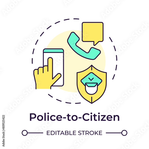 Police to citizen multi color concept icon. Public safety, law enforcement. Justice system. Round shape line illustration. Abstract idea. Graphic design. Easy to use in infographic, presentation