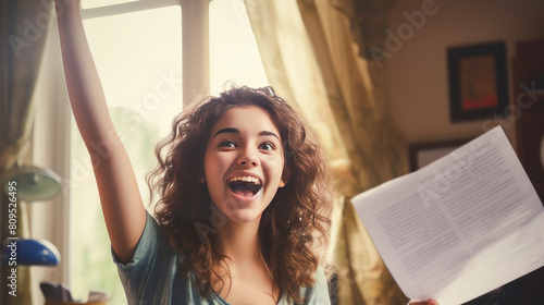 A happy young girl rejoices at a letter from an educational institution about admission. photo