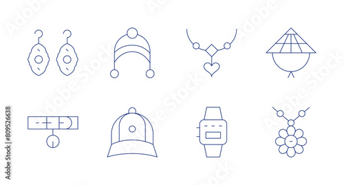 Accessories icons. Editable stroke. Containing earrings, collar, watch, cap, hat, necklace, jewelry, accessory.