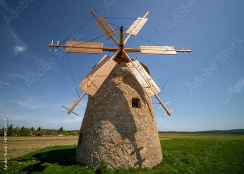 Windmills of Tes village hungarian name is Tesi szelmalmok. The old windmills are free visitable monuments in Veszprem county. Near by Bakony mountains. photo