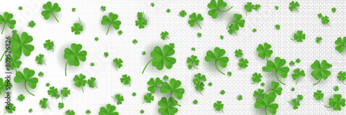 Clover leaves pattern on transparent background. Vector realistic illustration of green shamrock plant, good luck symbol, traditional decoration for Saint Patrick Day banner, floral poster backdrop