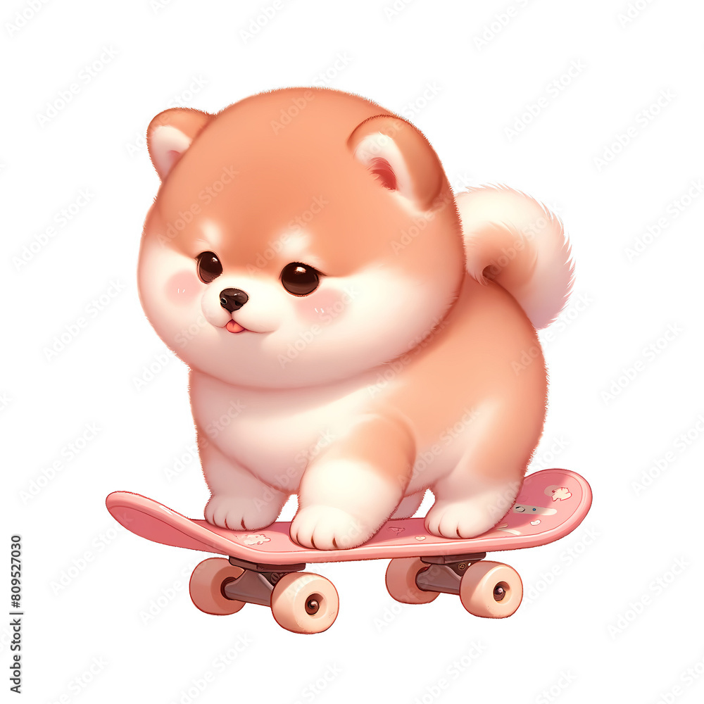 Fototapeta premium A cute, cartoon Shiba Inu puppy skateboarding