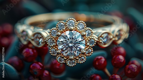 The elegance of a vintage ring, with its sparkling gemstones and intricate metalwork. The soft focus adds a dreamlike quality, inviting viewers to lose themselves in its beauty.