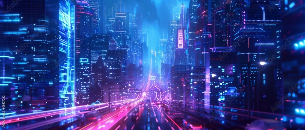 A dark city street with blue and purple neon lights and a pink glowing road.