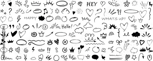 Doodle art vector illustration featuring words, shapes, symbols. Perfect for backgrounds, wallpapers, and creative projects. Playful, artistic, hand drawn aesthetic