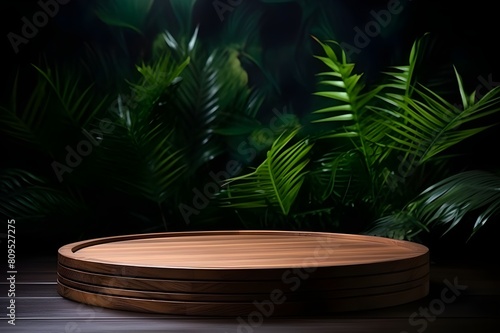 Natural Botanical Showcase  Round Wooden Table with Tropical Leaves for Product Display  for advertising products  cosmetics