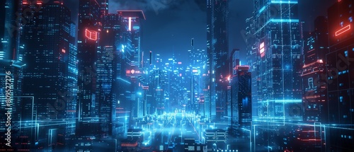 A digital painting of a futuristic city at night. The city is full of tall buildings, neon lights, and flying cars. The sky is dark and there are stars in the distance.