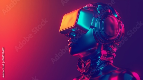 A person wearing a virtual reality headset. The person is surrounded by a colorful, abstract background. photo