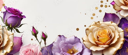 rose petals on white background with copy space for text. Golden alcohol ink watercolor floral bloom banner for Mother’s Day or mauve wedding stationery