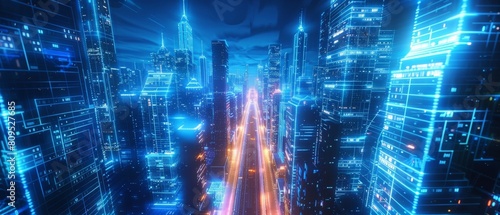 A digital painting of a futuristic city at night. The city is full of tall buildings  bright lights  and flying cars. The image is in a blue and orange color scheme.