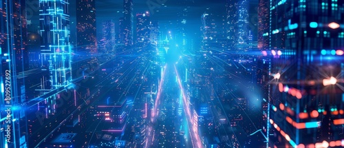 A digital city with blue and purple lights.