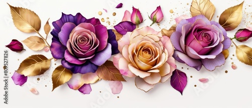 rose petals on white background with copy space for text. Golden alcohol ink watercolor floral bloom banner for Mother’s Day or mauve wedding stationery