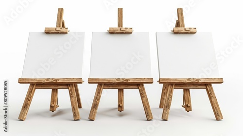 Three easels on a gray background, wooden base and white sheets photo
