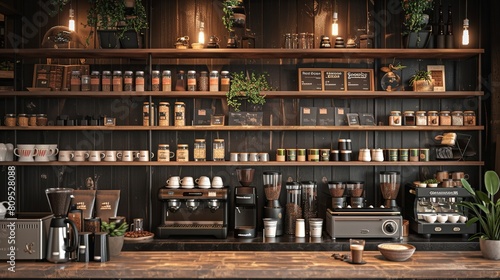 A coffee shop showcasing a wide variety of different types of coffee blends on shelves. Generative AI