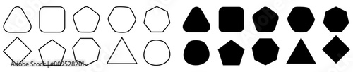 Set of geometric figures with rounded corners. Triangle, square or squircle, pentagon, hexagon and octagon shapes isolated on white background. Vector graphic illustration
