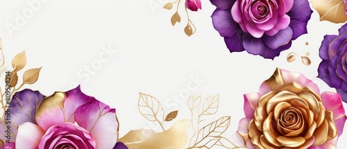 rose petals on white background with copy space for text. Golden alcohol ink watercolor floral bloom banner for Mother’s Day or mauve wedding stationery