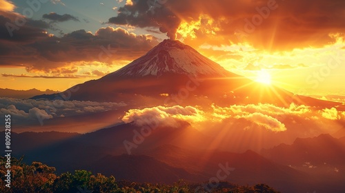 Spectacular snow-capped volcano erupting at sunset，Spectacular Eruption of Snow-Covered Volcano at Sunset - 4K Wallpaper