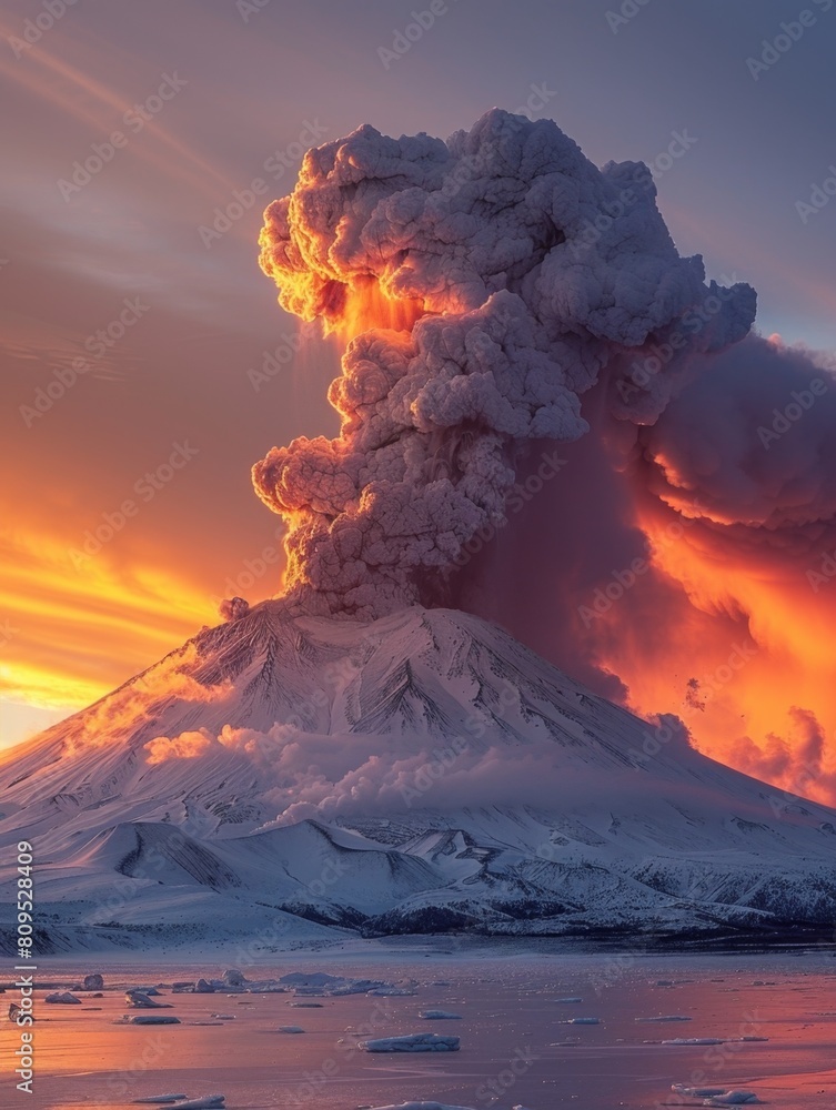 Spectacular snow-capped volcano erupting at sunset，Spectacular Eruption of Snow-Covered Volcano at Sunset - 4K Wallpaper