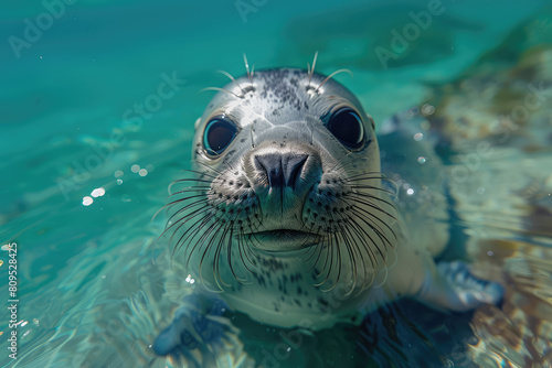 A closeup shot of the baby seal's face as it looks up at you, its black eyes sparkling in the sunlight and reflecting the shimmering turquoise water around him. Created with AI © oliver