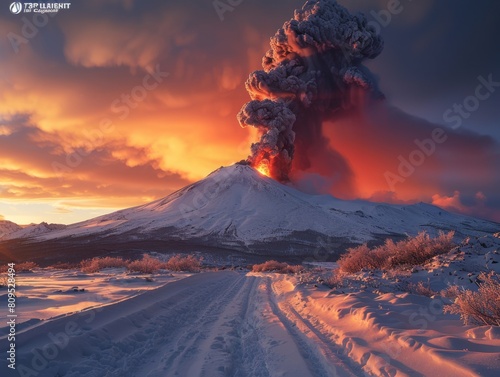 Spectacular snow-capped volcano erupting at sunset   Spectacular Eruption of Snow-Covered Volcano at Sunset - 4K Wallpaper