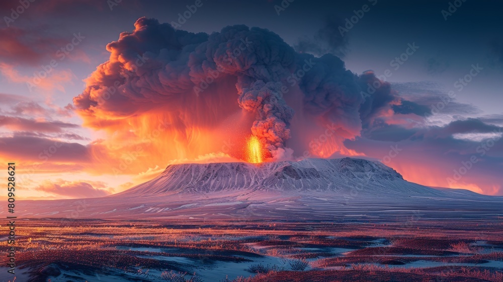 Spectacular snow-capped volcano erupting at sunset，Spectacular Eruption of Snow-Covered Volcano at Sunset - 4K Wallpaper