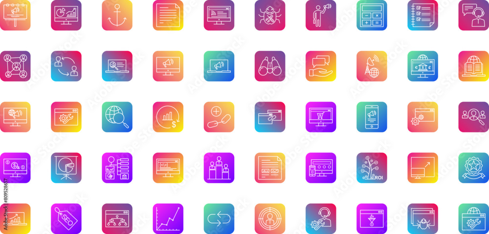 Fototapeta premium SEO Search Engine Optimization Line RC BG Icon pictogram symbol visual illustration Set