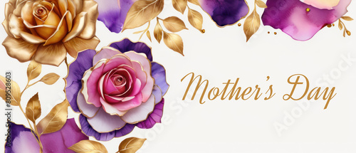 rose petals on white background with copy space for text. Golden alcohol ink watercolor floral bloom banner for Mother’s Day or mauve wedding stationery