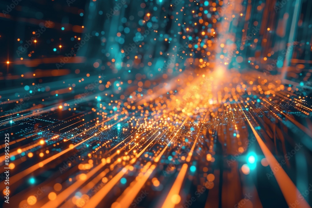 Obraz premium Data flow concept background, Network security, Wave of dots, and weave lines. Abstract Background for design on the topic of cyberspace, AI generated