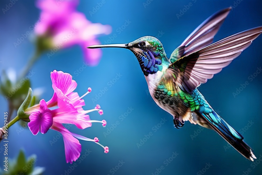 Naklejka premium Delicate ballet of a hummingbird as it hovers and then gracefully lands on a slender branch