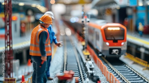 An image of two model train workers in hard hats standing on a platform next to a model train.