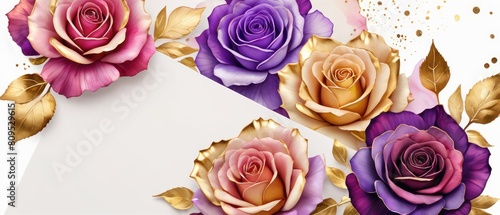 rose petals on white background with copy space for text. Golden alcohol ink watercolor floral bloom banner for Mother’s Day or mauve wedding stationery