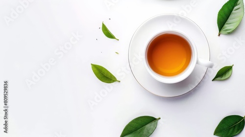 White background with tea leaves and a cup of tea. photo