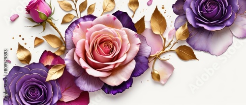 rose petals on white background with copy space for text. Golden alcohol ink watercolor floral bloom banner for Mother’s Day or mauve wedding stationery