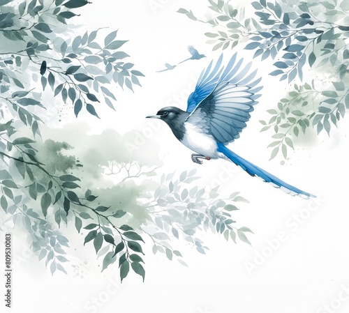 Ethereal watercolor illustration of a Taiwan Blue Magpie in flight, surrounded by soft green broadleaf foliage.