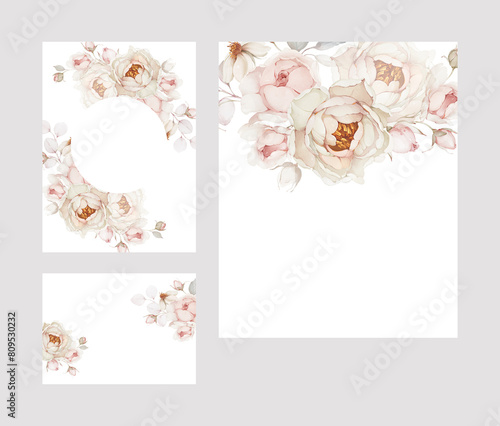 Set of wedding cards and invitations with roses and peonies. © Karma