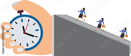 Countdowns, deadlines, a race to the finish line, efficiency to complete a task or reach a goal quickly, a group of businesswomen running on the arm of a timer about to be pressed