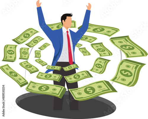 Money rains, financial freedom is achieved, money is made, lucrative income, salary or profit is earned, wealth is accumulated, happy businessmen are surrounded by encircling banknotes