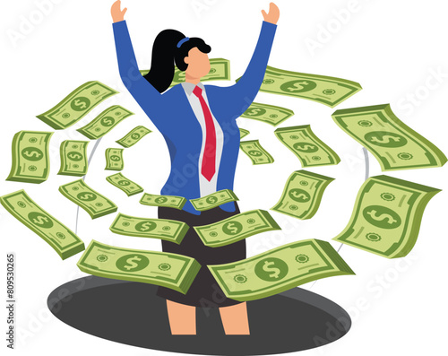 Money rains, financial freedom is achieved, money is made, lucrative income, salary or profit is earned, wealth is accumulated, happy businesswomen are surrounded by encircling banknotes