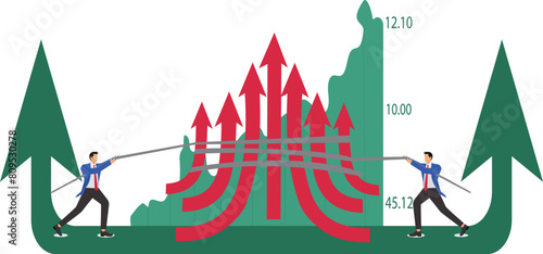Economic contraction, economic deflation, currency devaluation, financial crisis, economic problems, two businessmen pulling the rope that binds the arrows to tighten the arrows