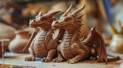 Two dragon statues are sitting on a table, one of which is larger than the other photo